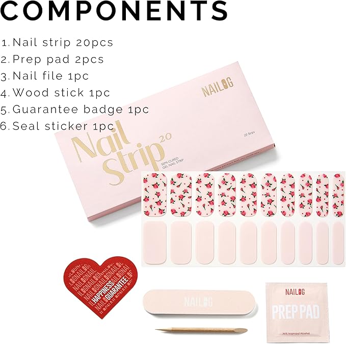 Semi Cured Gel Nail Strips - NAILOG 20 Pcs Pink Flowers Nail Stickers Extra Long Wraps with Glossy Gel Finishing for Spring Summer, Rosette