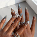 3D Silver French Star Press On Nails Light Blue, Chrome Short Almond – Cute Star & Pearl Silver Designs, Reusable Fake Nails Acrylic with Adhesive Tabs & Glue, Salon-Quality Manicure Kits