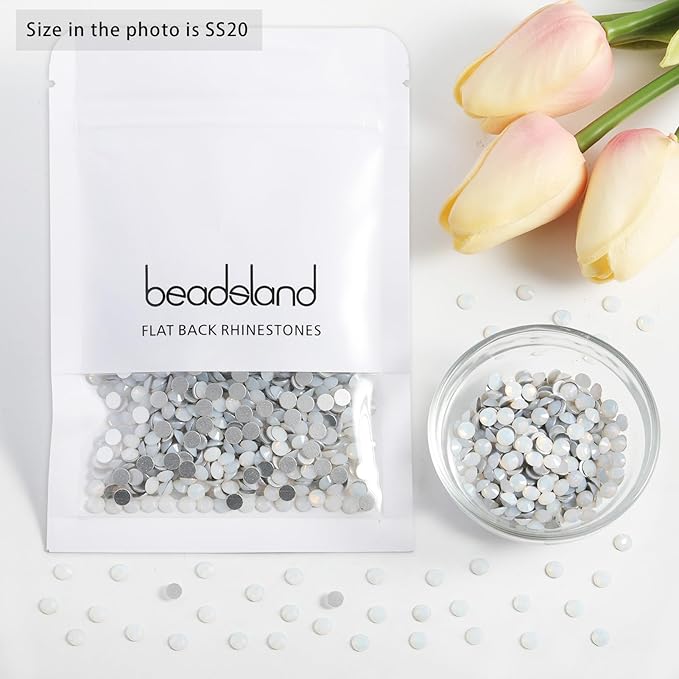 Beadsland 1440pcs Flat Back Crystal Rhinestones Round Gems for Nail Art and Craft Glue Fix, White Opal, SS20, 4.6-4.8mm