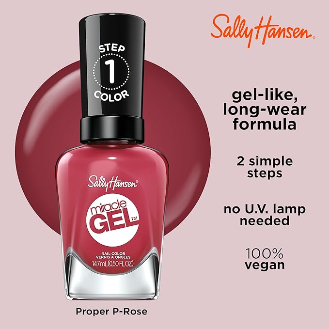 Sally Hansen Miracle Gel Salon Quality Nail Polish | Gel-Like Formula, Two-Step System, No UV Light Needed, Long Lasting | Opaque, Glossy | 256 Proper P-rose | Muave Red Nail Color