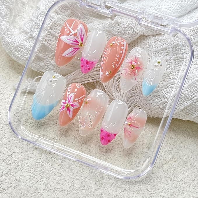 10 Pcs French Fake Nails Almond Medium Handmade Press on Nails with 3D Colorful Butterfly Flower Pearl Design Artificial Shell Shape Acrylic Full Cover Hand Made Press on Nail for Women（Size M）