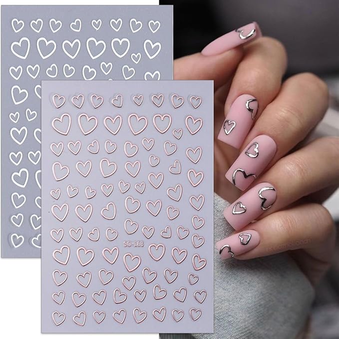 6 Sheets Valentines Nail Stickers 3D Heart Nail Art Stickers Decals Black White Red Gold Silver Heart Nails Design Nail Decals Valentines Nail Supplies for Women Acrylic Nails Decoration DIY