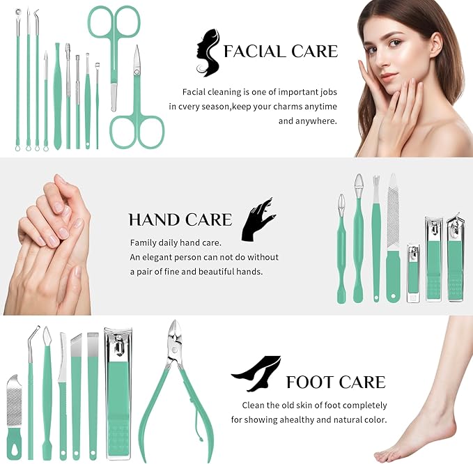 Travel Manicure Set 26-Piece, Portable Nail Clippers Kit with PU Case, Carbon Steel Clippers, 410 Stainless Steel Grooming Tools, Hand Foot Facial Care for Luggage Backpack