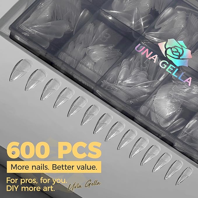 UNA GELLA Long Stiletto Gel Nail Tips, 600Pcs Pre Etched Long Stiletto Almond Nail Tips Clear Fake Nails Press on Nails No C Curve for DIY Art Salon at Home 12 Sizes