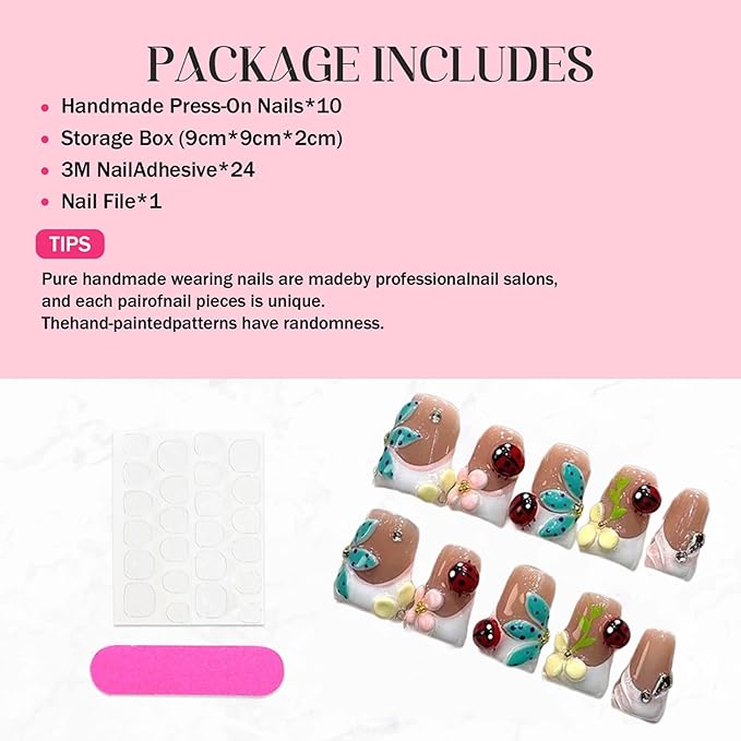 10Pcs Luxury Press on Nails Short Duck Handmade Fake Nails 3D Flower and Rhinestone Design 100% Handmade False Nails with Glue Sparkly French Tip Stick on Nail for Women (Size M)