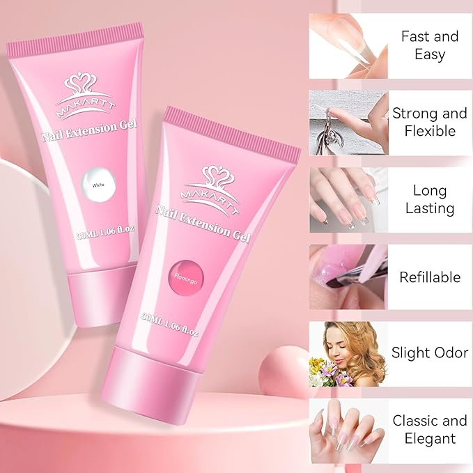 Makartt Hema-Free Poly Nail Gel Set: White & Hot Pink Color, Strong Builder for Extension Strengthener 3D Diy, Long-lasting for Nails French Manicures Home Salon-2PCs 30ML