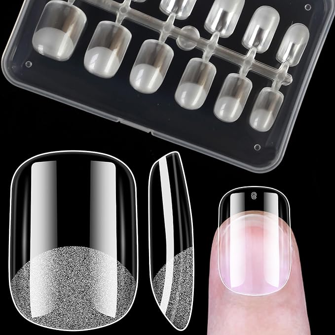 Short Square Soft Gel Nail Tips,120PCS Pre Buff Full Cover Shaped Nail Extenison Tips Half Matte Gel X Nail Tips Acrylic False Nail Tips