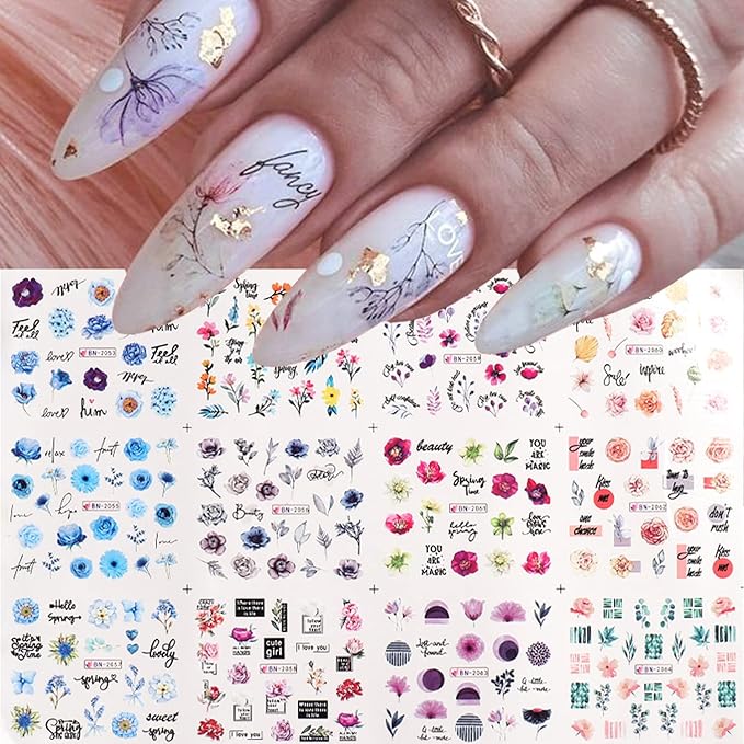 48 Sheets Flowers Nail Art Stickers, Holographic Spring Floral Water Transfer Nail Decals Design, Flowers Leaf Butterfly Nail Sticker for Women Girls Manicure Decorations Resin Nail Decal Tattoo Set