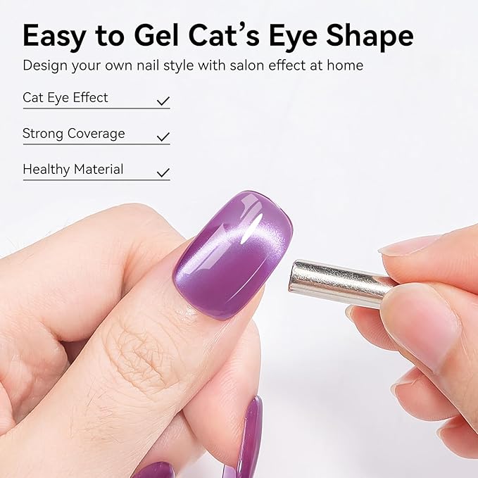 Purple Cat Eye Gel Nail Polish, Magnetic Nail Polish Mirror Glass Smoothie Cateye UV Gel Polish Holographic for Nails Art Manicure DIY at Home
