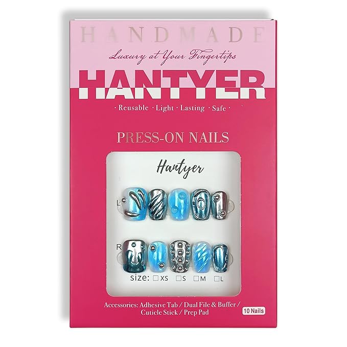 Square Press On Nails, Handmade Soft Gel Chrome Blue & Silver Metallic Fake Nails with 3D Sculpted Wave Design, Futuristic Iridescent Alien Reusable False Nails 10PCS Kit (Size XS)