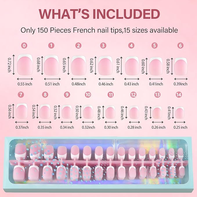 Vansiho French Gel Nail Tips, 150Pcs Short Round Soft Gel Nail Tips Pink, French Tips Press on Nails, Fake Nails for Nail Art DIY 15 Sizes