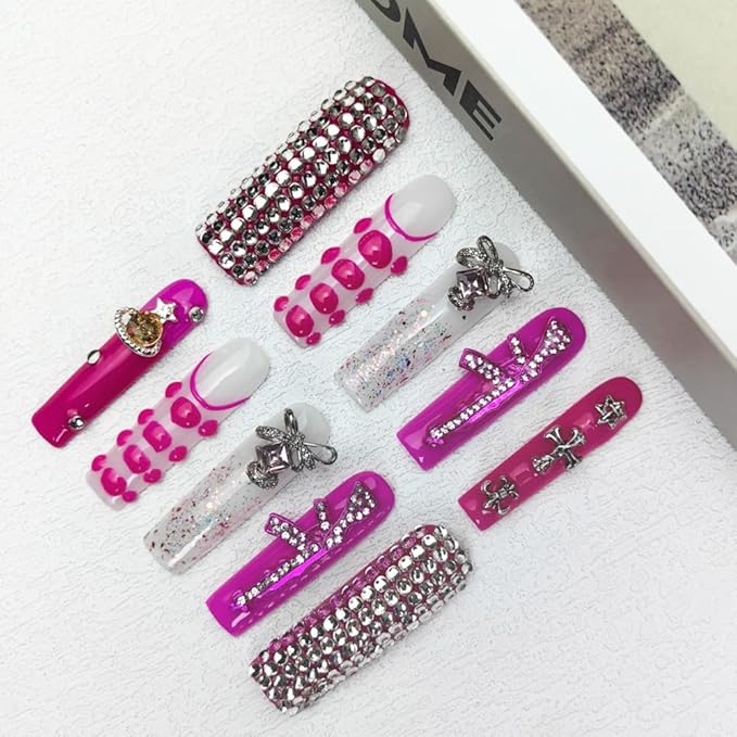 2025 Long Novel Design Pink Tracks Reusable Handmade PMMA Acrylic Press on Nails w/Box Gifts for Women