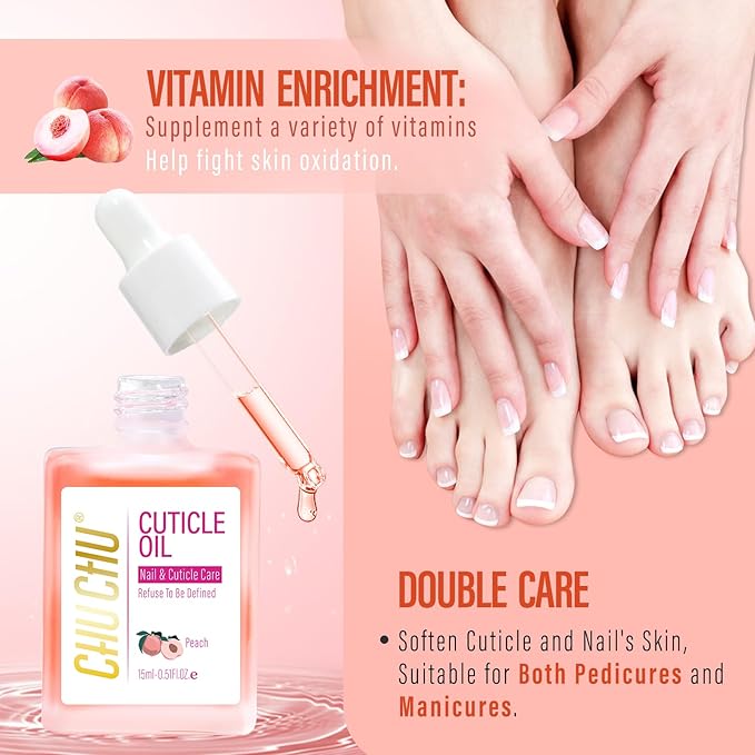 CHUCHU Cuticle Oil for Nails,Jojoba Nail Cuticle Oil Contain Vitamin B & E,Moisturizes Cuticle and Nail's Skin,Strengthens Nails,Prevents Hangnails and Chapped,Peach 15ml