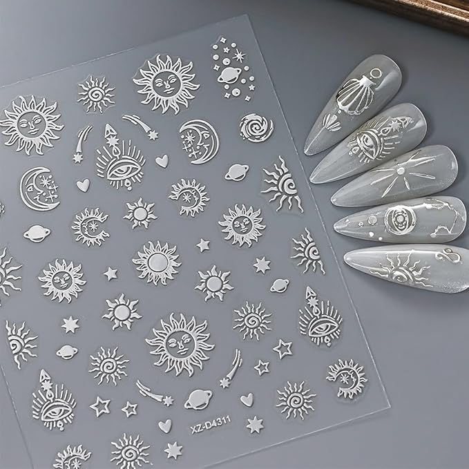 12 Sheets Silver Nail Art Stickers Star Nail Stickers Sun Moon Nail Decals Self Adhesive Evil Eye Nail Art Supplies for Women Girls DIY Manicure Nail Art Decorations