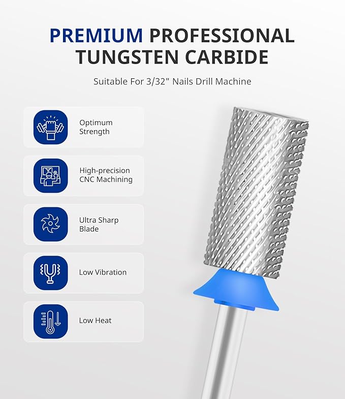 AIRSEE Tungsten Carbide Acrylic Nail Drill Bit Efile Electric File Machine Head Tip for Manicure Polishing Art Remove Gel 3/32" 2 Way Professional Tech Flat Top Cylinder Barrel Medium-M