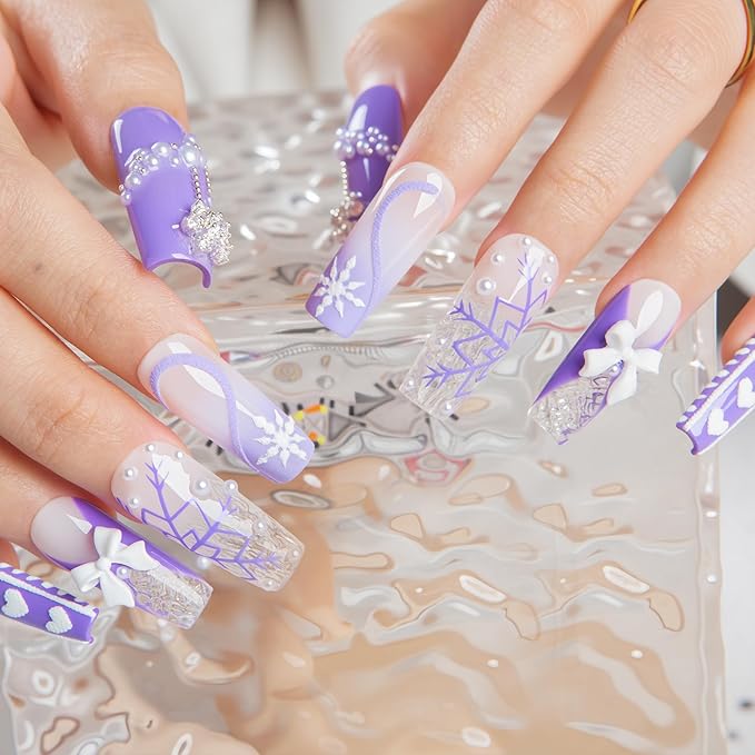 LOVFUL Short Press on Nails Lavender Snow | Handmade Acrylic Press ons| Reusable Fake False Nails | Square Classic Regular 1.3in | H697-L