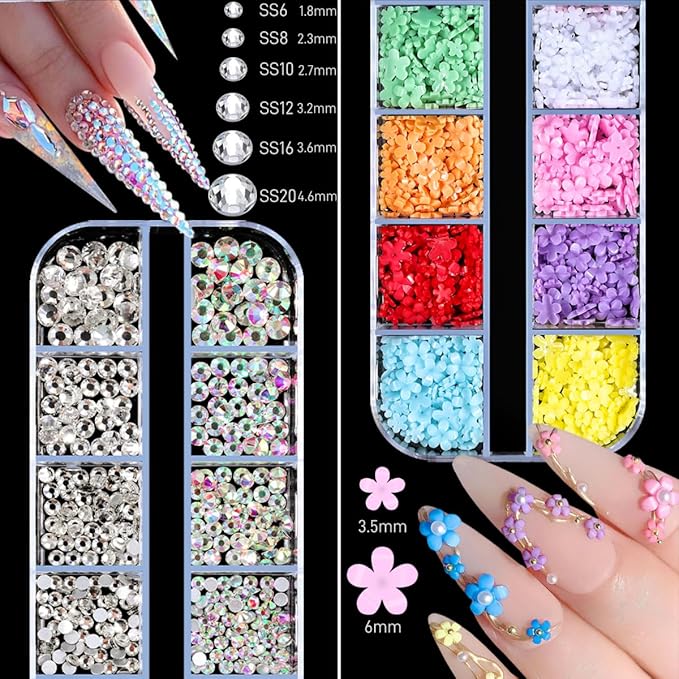 5 Boxes Gold & Silver Metal Nail 3D Punk Studs Star Moon Heart Triangle Square Rivet Gems Nail Art Jewels with a Curved Tweezers and a Nail Brush and a Wax Pen Picker (7-Rhinestones kit-4)