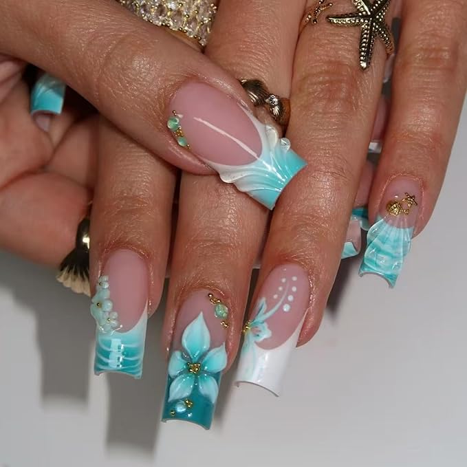 Medium Press on Nails Square Blue Flowers Stick on Nail for Women 24pcs