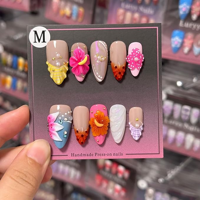 Luxury Press on Nails Medium Almond Handmade 3D Unique Reusable ABS Material Fake Nails French Tip False Nails with Designs Tropical Flower Art Petal Glossy Glue on Nails Thick Acrylic Nails(M)