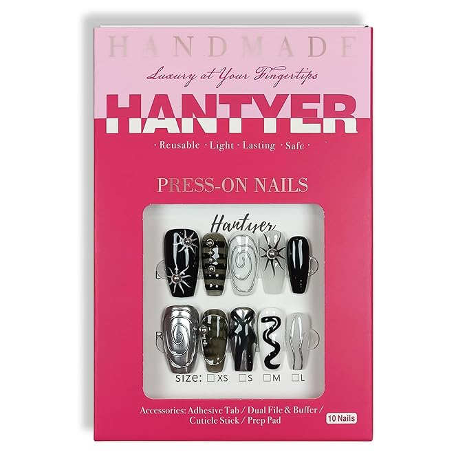 Medium Coffin Press On Nails, Handmade Soft Gel Abstract Black White Grey Fake Nails with 3D Silver Swirls, Metallic Charms & Stud Accents, Reusable False Nails Kit, 10PCS (Size M)