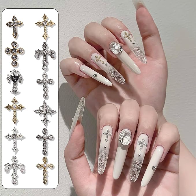 3D Cross Nail Charms for Nail Art, 60 Pcs Metal Crystal Cross Nail Decorations, Alloy Nail Studs and Rhinestones for Women Girl DIY Jewelry Crafts Supplies (Gold+Silver B)