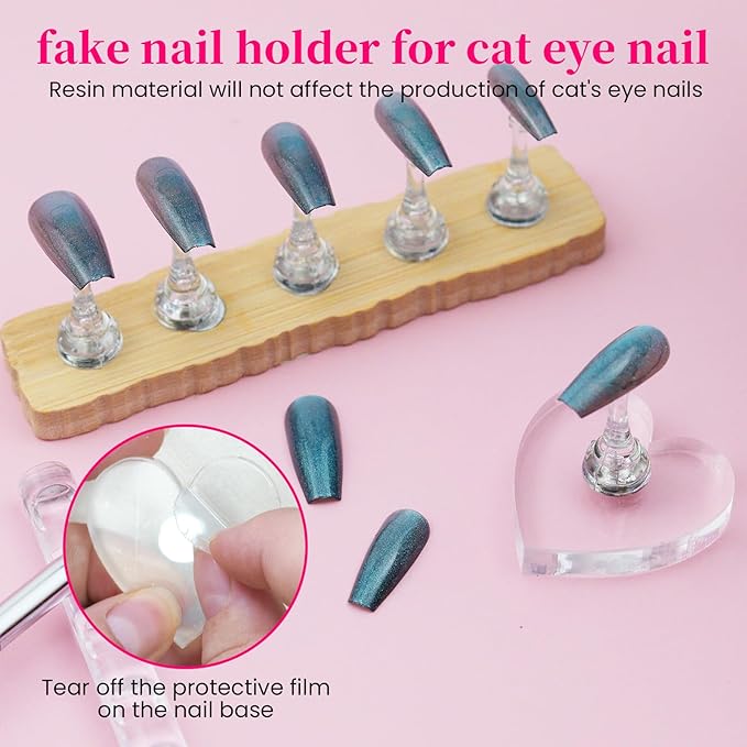 Nail Stand For Press Ons Tall Extra-High Nail Tip Holder For Painting Art Supplies Magnetic Wood Display With 1 Heart Fake Nail Stands, 200Pcs Double Sided Tape, Decorating Art Accessories Kit