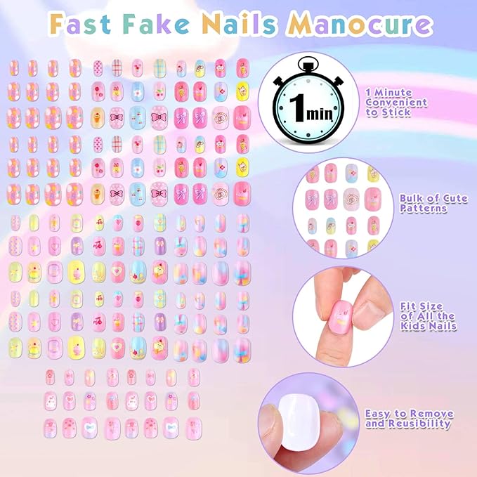 Shynek Kids Press Nails for Girls, 168Pcs Children Fake Nails Pre Glue Nail Stickers Full Cover Short False Nails Set for Girls Gift Nail Art Decoration