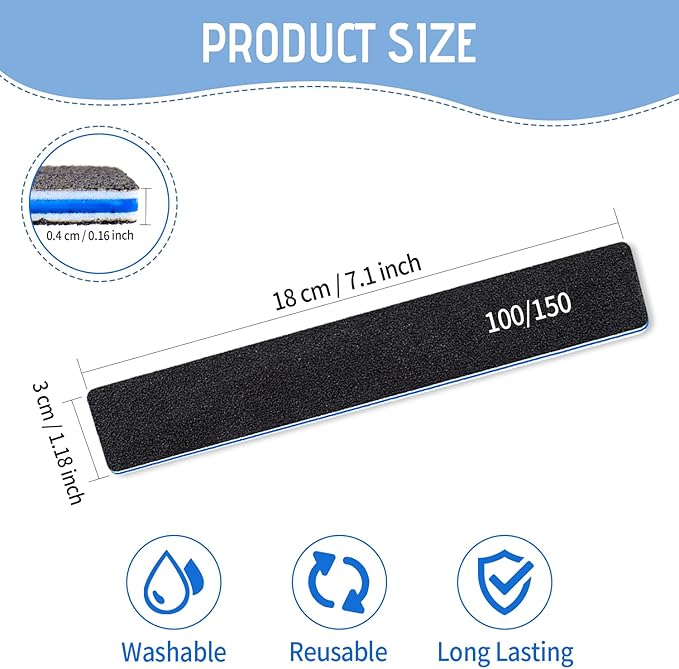 12 Pcs Double Sided Emery Boards 100/150 Grit for Acrylic/Gel Nails - Washable Finger File Boards for Home and Salon Use