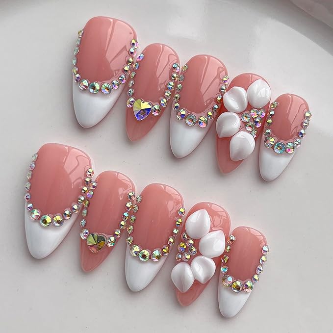 French Tip Press on Nails Handmade Medium Almond 3D Floral Thick Acrylic Nails White False Nails with Flower Rhinestones Designs Elegant Glossy Fake Nail Sturdy Wedding Art Press on Nail 10Pcs(S)