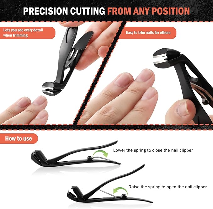 BEZOX Angled Head Toe Nail Clippers for Seniors for Thick Nails - Ergonomic Toenails Clipper for Thick Toenails, Premium Finger Nails Clipper for Adult with Catcher - Black