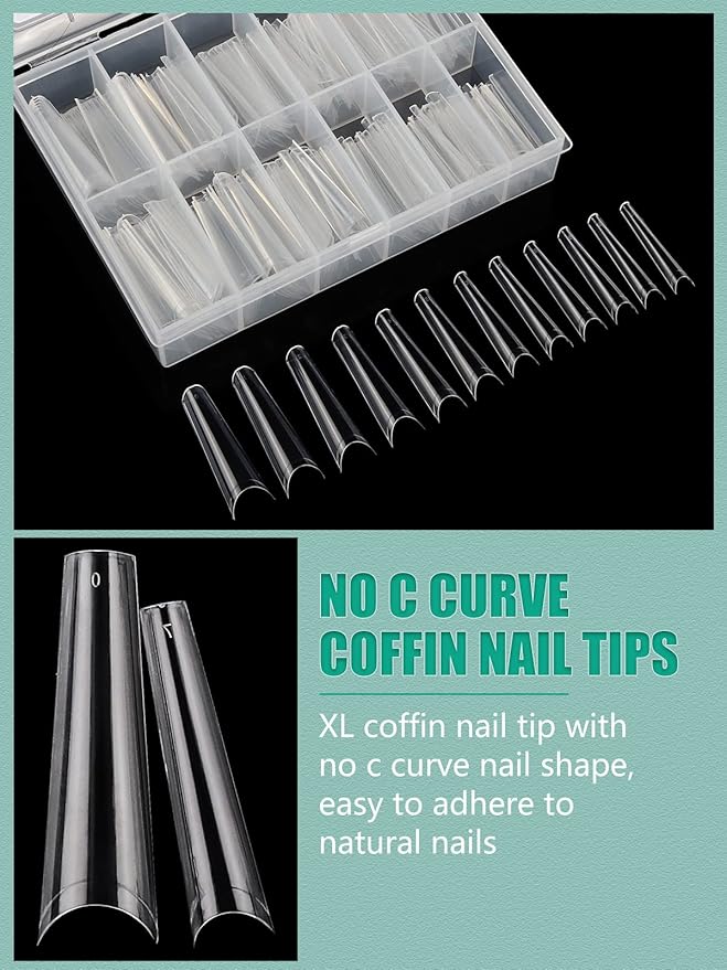 480PCS XL Long Clear Nail Tips, 240PCS Coffin Nails Tips with 240PCS NO C Curve Square Nail Tips for Acrylic Nails Professional, Half Cover Straight Ballerina Nail Extension Tips for Nail Salons Home
