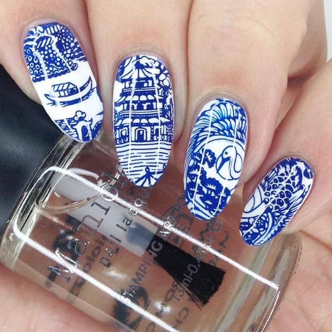Maniology Porcelain Nail Stamping Plate | Chinese Ceramic–Inspired Floral Designs for Elegant DIY Manicures – Reusable, Rectangular Stainless Steel Nail Art Template