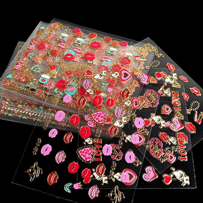Lips Nail Stickers for Valentine's Day, 3D Gold Nail Decals Foils Nail Art Supplies Valentines Heart Red Lip Self-Adhesive Nail Design Metallic Nail Stickers for Women Girls DIY Nail Decoration 30 PCS
