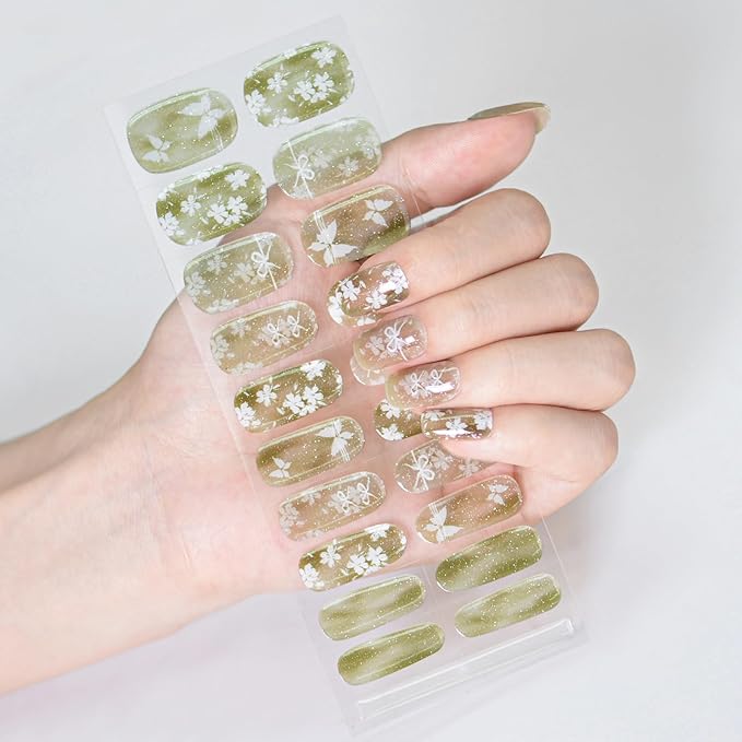 SILPECWEE Semi Cured Gel Nail Strips (Hazy Flower - 20 PCS), Gel Nail Stickers Full Wraps for Women, UV Light Required | Salon Quality | Long Lasting - Include File, Cuticle Stick