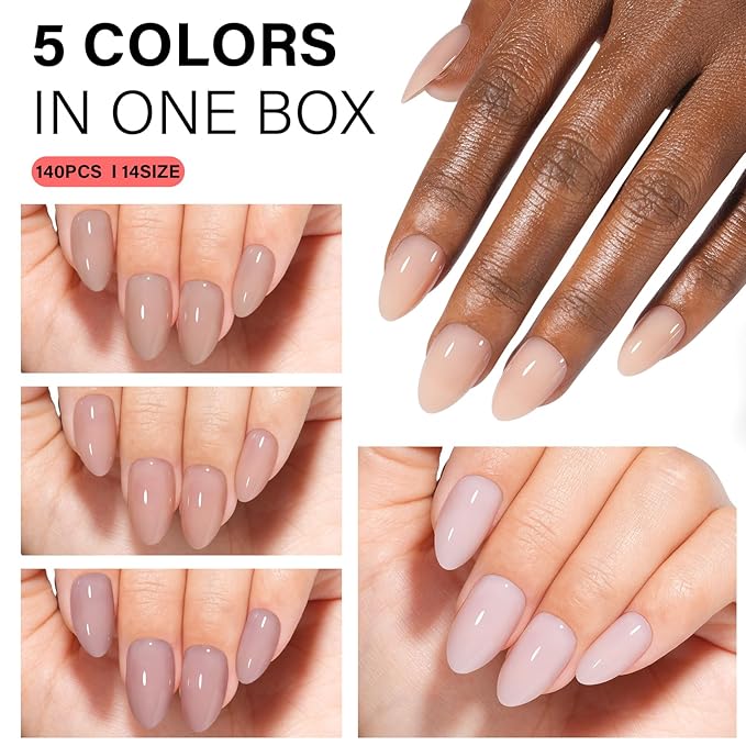 AILLSA RealFit Nude Tone Mixed Color Press On Nails Short Almond - 4 in 1 False Nail Tips Set Long Lasting Nail Extensions For Nail Art DIY 150 PCS