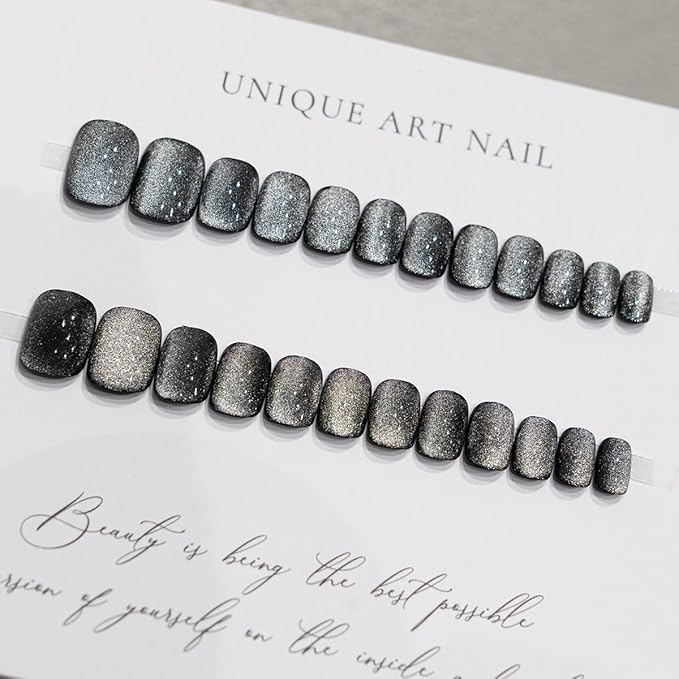 Cat Eye Black Press On Nails Short Square, Designer Reusable Acrylic Fake Nails with Glue, Glossy Soft Gel Nails Wedding and Party, Stick On Glue On Nails, Nails Press Ons fro Women