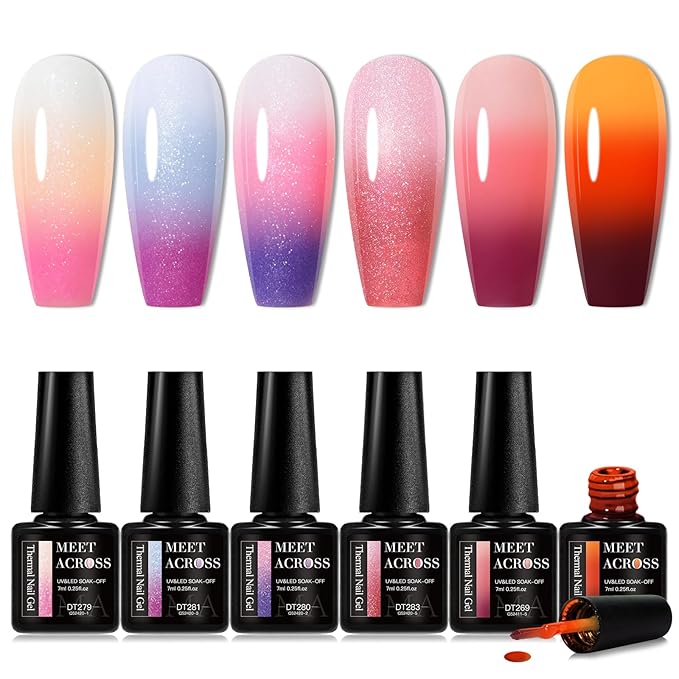 MEET ACROSS 8Pcs Glitter Color Changing Gel Nail Polish Set Pink Amber Color Changing Gel Polish Temperature Change Gel Polish Kit Manicure Gift 6 Colors