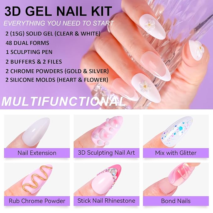 Makartt 3D Gel Nail Art for Nails Starter Kit: Clear and White 3D Sculpting Gel Non-Sticky Molding Carving Glue Extension Builder DIY Manicure Gold & Silver Chrome Powder Solid Soak Off Hard Gels