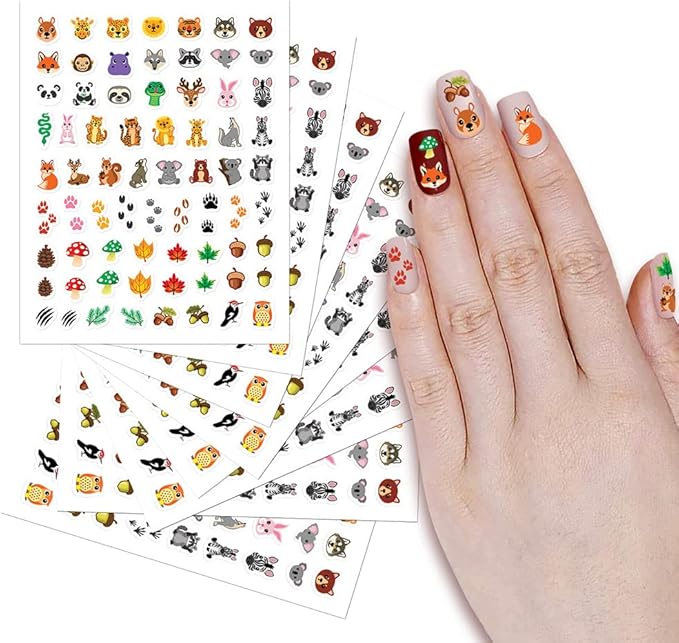WIRESTER 8 Sheets of Nail Art Stickers Decals, Self-Adhesive Nail Decals for Women Kids Girls Nails Decorations - Forest (Cute Animal, Giraffe, Lion, Tiger, Wolf, Fox, Monkey, Hippo, Panda, Zebra)
