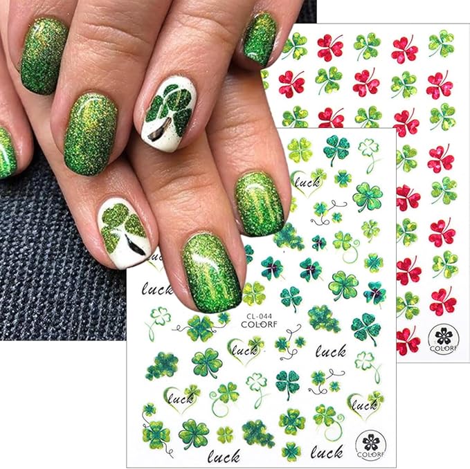 St. Patrick's Day Nail Stickers for Nail Art 3D Spring Shamrock Nail Art Stickers Self Adhesive Holographic Four Leaf Clover Nail Decals Irish St. Patrick's Day Design Stickers Supplies for Women 8Pcs
