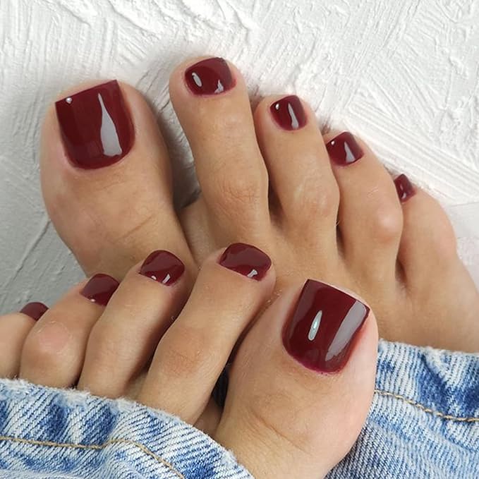 34 Pcs Semi Cured Gel Toe Nail Strips Dark Red Gel Nail Stickers Full Cover Nails Wraps Self Adhesive Toe Nails Polish Strips Stickers for Women UV/LED Light Required