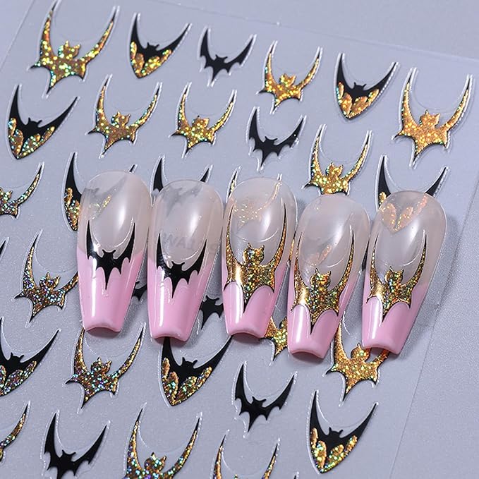 8 Sheets Halloween Nail Art Stickers Decals Colorful Bat French Tip Nails Stickers Black Spider Web Blood Drop Nails Decals Self-Adhesive Skeleton Nail Art Decal for Women Halloween Decor