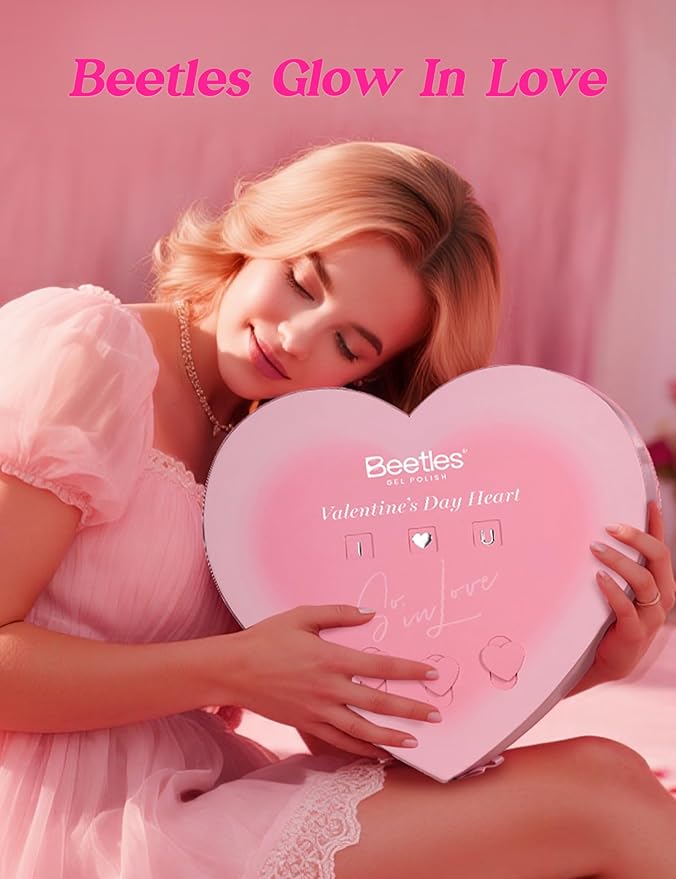 Beetles So In Love Collection – Glow In Love Valentine Gel Nail Polish Set, Pink Gel Nail Art Set with Base Top Coat Mini Rose Bouquet, Salon DIY at Home Valentine's Day Gift for Women Wife Girlfriend