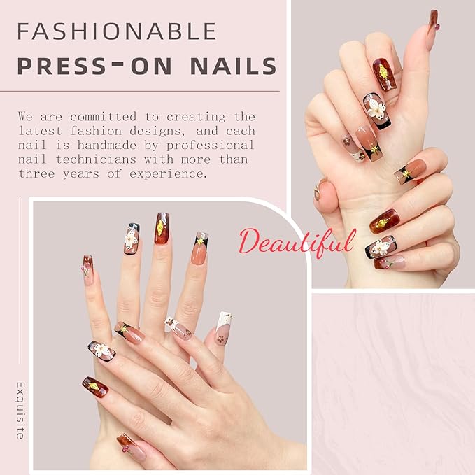 Handmade Long Square Press On Nails - 3D Flower & Cherry French Design, Reusable Acrylic Full Cover Nails (S-10PCS)
