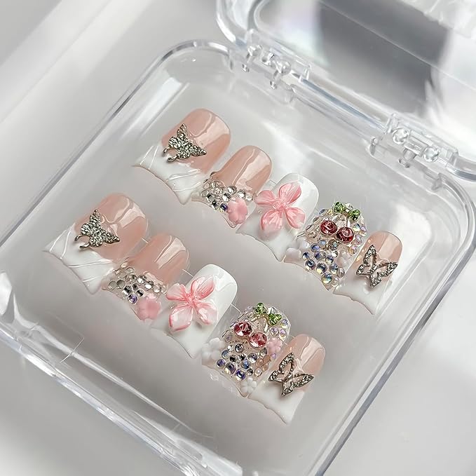 Luxury Press on Nails Short Duck Handmade 3D Unique Reusable ABS Material Fake Nails White French Tip False Nails with Designs Pink Flower Butterfly Glossy Glue on Nail Thick Acrylic Nail(M)