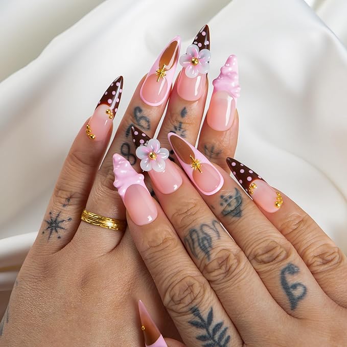 LOVFUL Short French Tip Press on Nails Berry Mocha | Handmade Acrylic Press ons| Reusable Fake False Nails | Stiletto Classic Regular 1.3in | H700-S