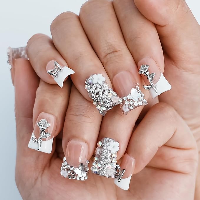 Handmade Press on Nails Short Duck White French Tip Thick Acrylic Fake Nails 3D Floral Metallic Rose Butterflies Luxury Rhinestone Design (Silver Ash Butterfly Sheen,M)