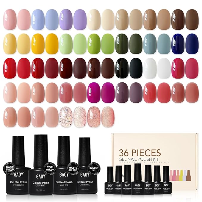 GAOY 36 Pcs Gel Nail Polish Set, 32 Colors All Season Gel Polish Kit Red Black White Nude Brown Glitter with 4 Pcs Soak off Base Glossy Matte Top Coat & Builder for Nail Art DIY Manicure at Home