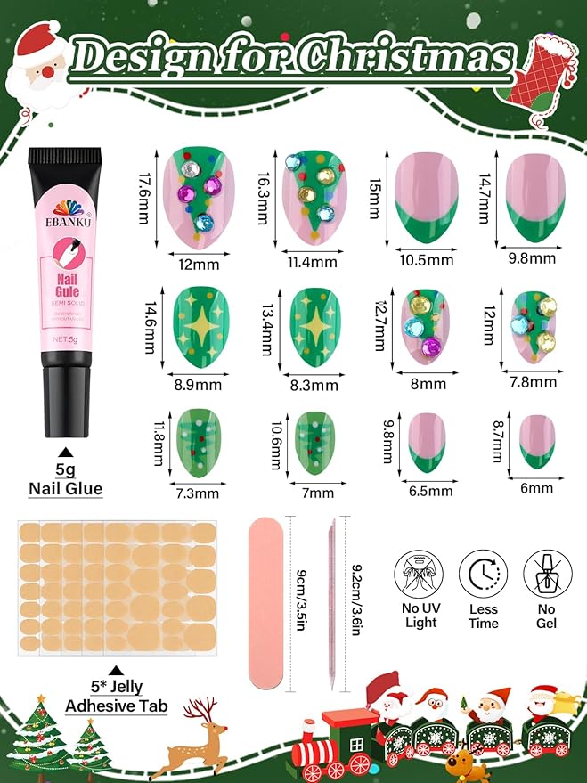 Christmas Press on Nails Kid, EBANKU 24Pcs Almond Fake Nails Kit Full Cover Green Christmas Tree Cute Design Acrylic Nails with Nail Glue for Girl