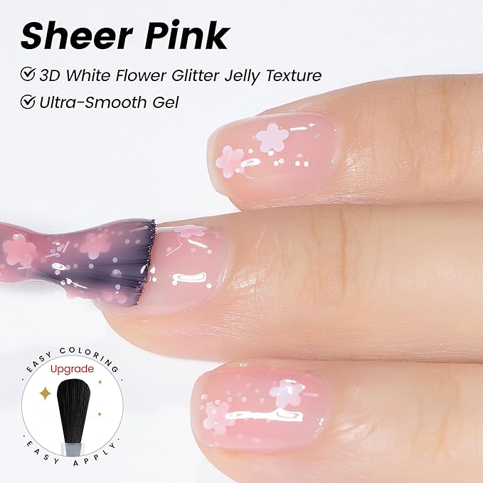 YTD Likomey Nude Gel Nail Polish,15ml Translucent Neutral Jelly Sheer Flowers Glitter UV Nail Gel,Sheer Pink Three-Dimensional White Petals DIY Manicure Varnish,LS326